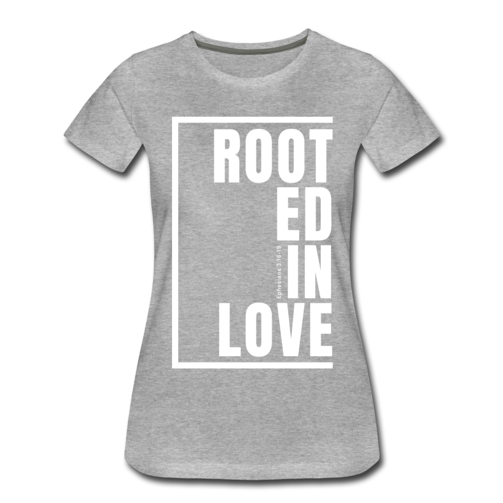 Rooted in Love / Perfectly Basic Women’s Tee / White Graphic - heather gray
