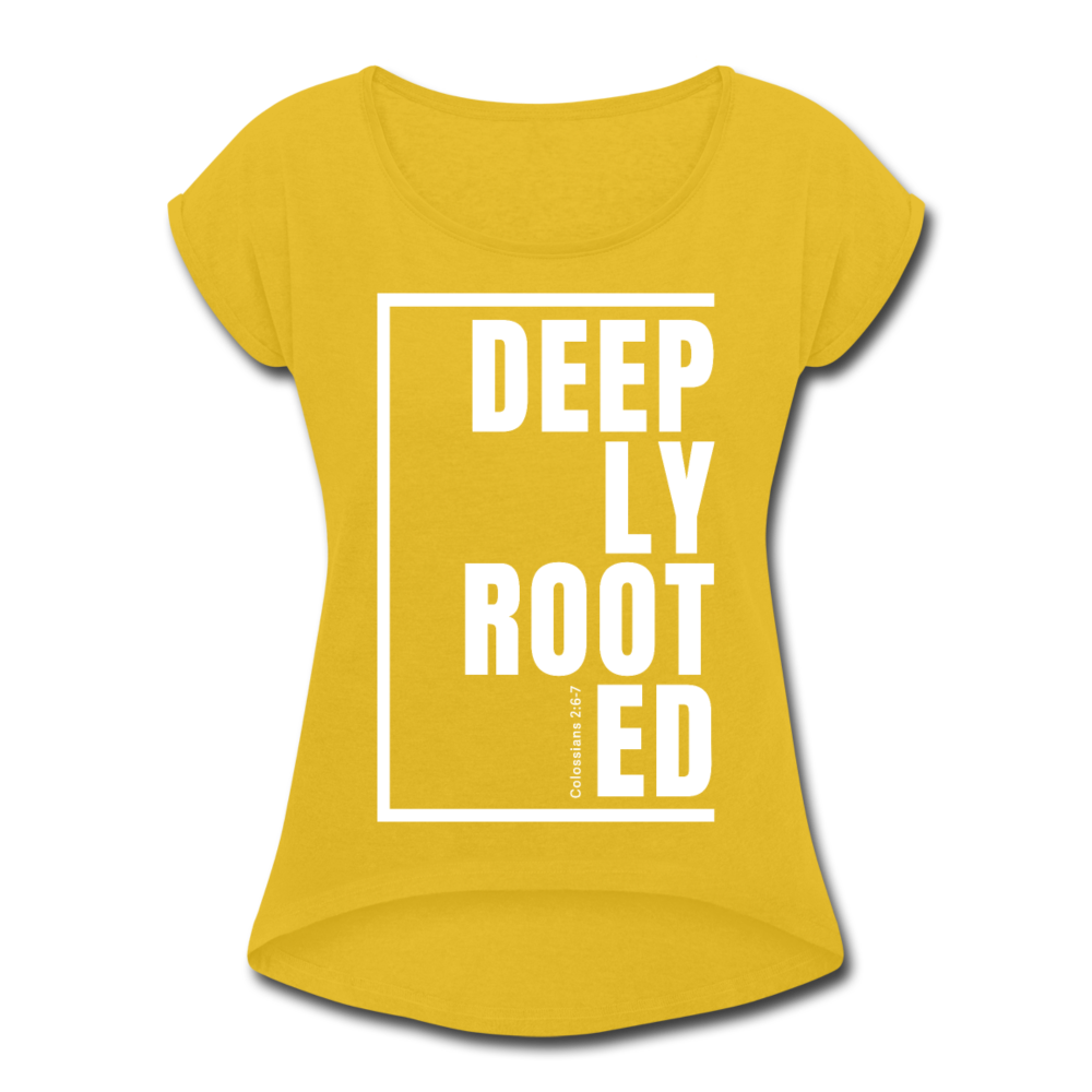 Deeply Rooted / Women’s Tennis Tail Tee / White - mustard yellow