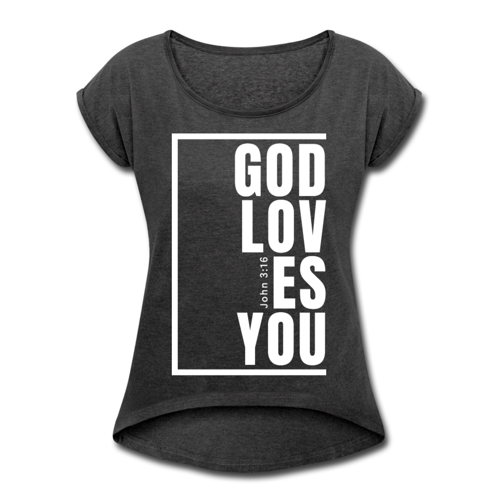 God Loves You / Women’s Tennis Tail Tee / White - heather black