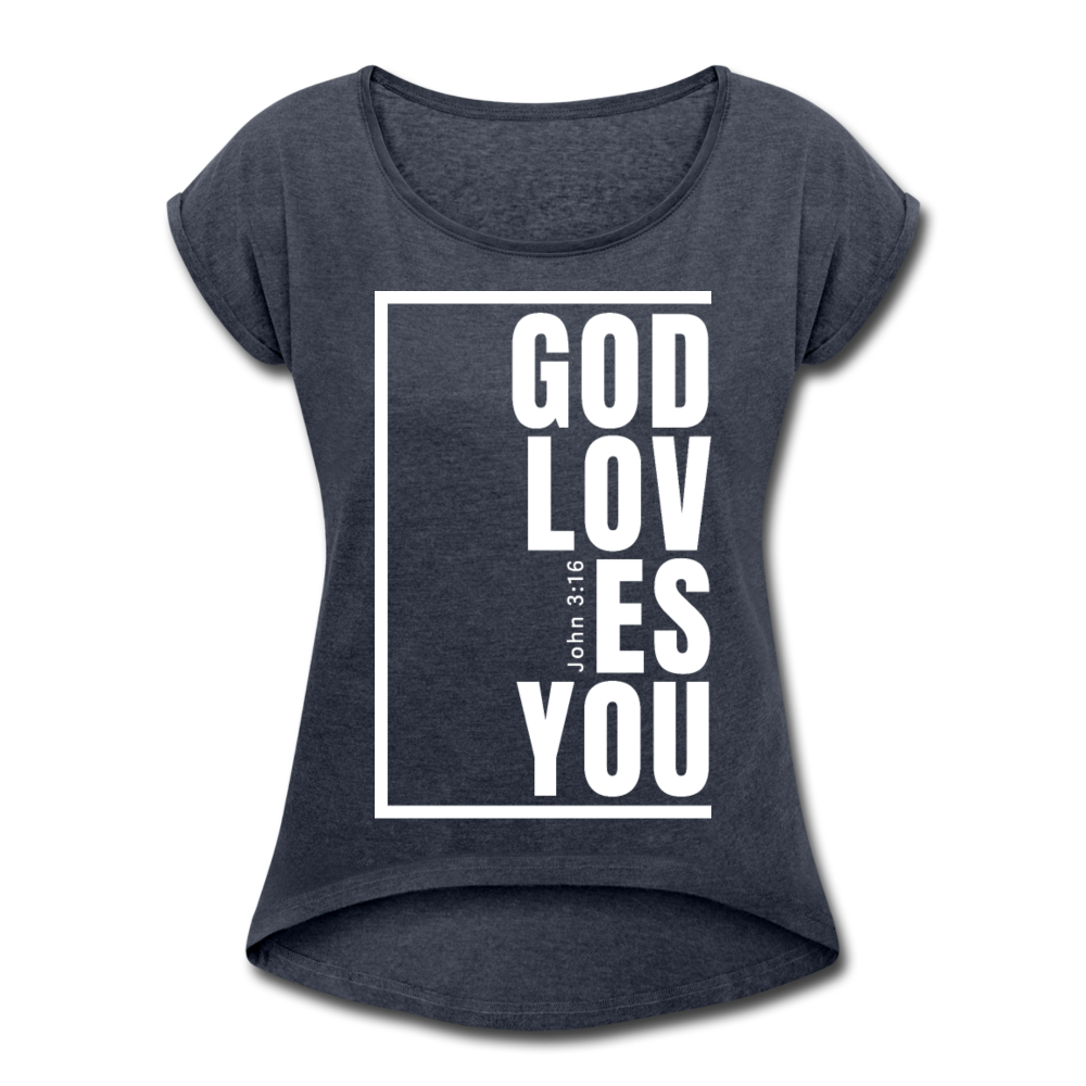 God Loves You / Women’s Tennis Tail Tee / White - navy heather