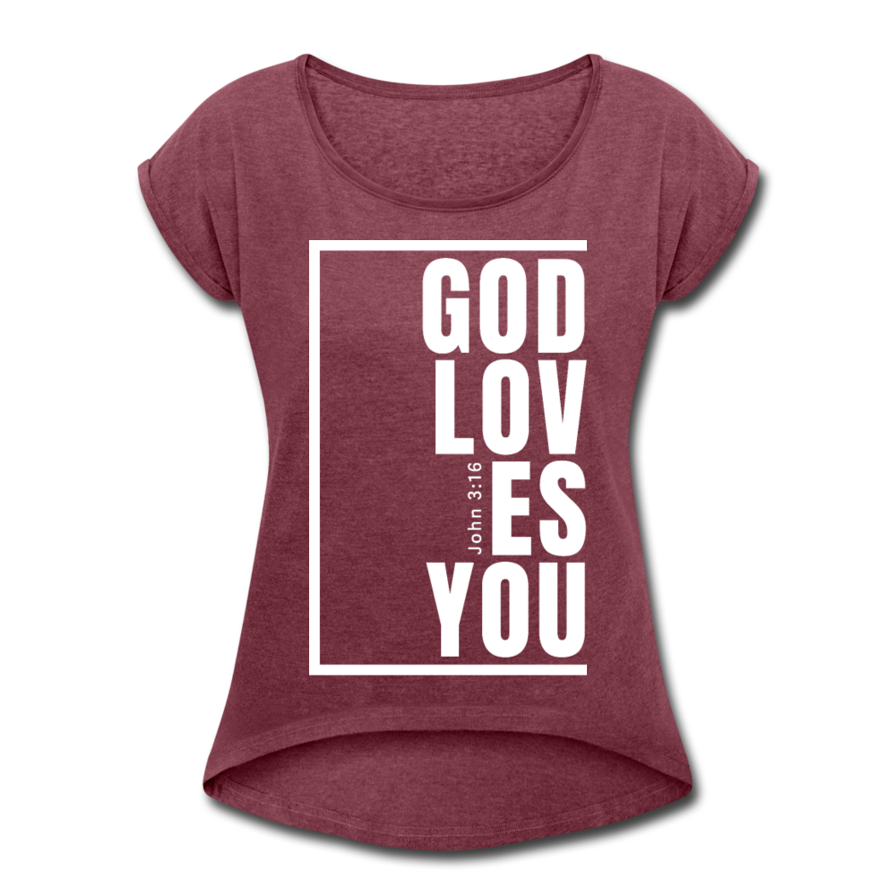 God Loves You / Women’s Tennis Tail Tee / White - heather burgundy