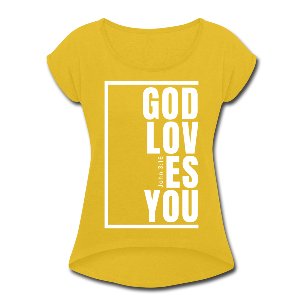 God Loves You / Women’s Tennis Tail Tee / White - mustard yellow
