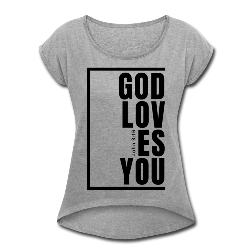 God Loves You / Women’s Tennis Tail Tee / Black - heather gray