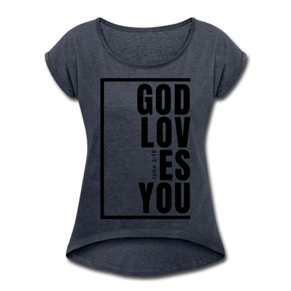 God Loves You / Women’s Tennis Tail Tee / Black - navy heather