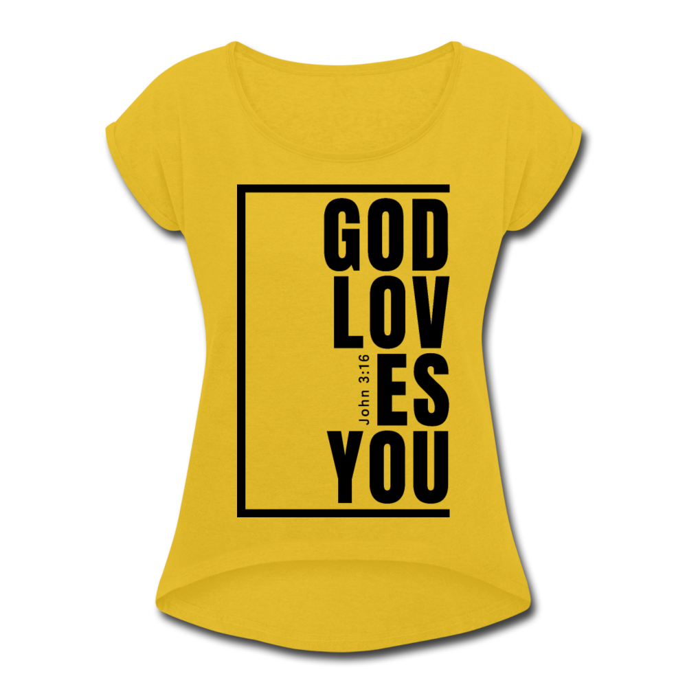 God Loves You / Women’s Tennis Tail Tee / Black - mustard yellow