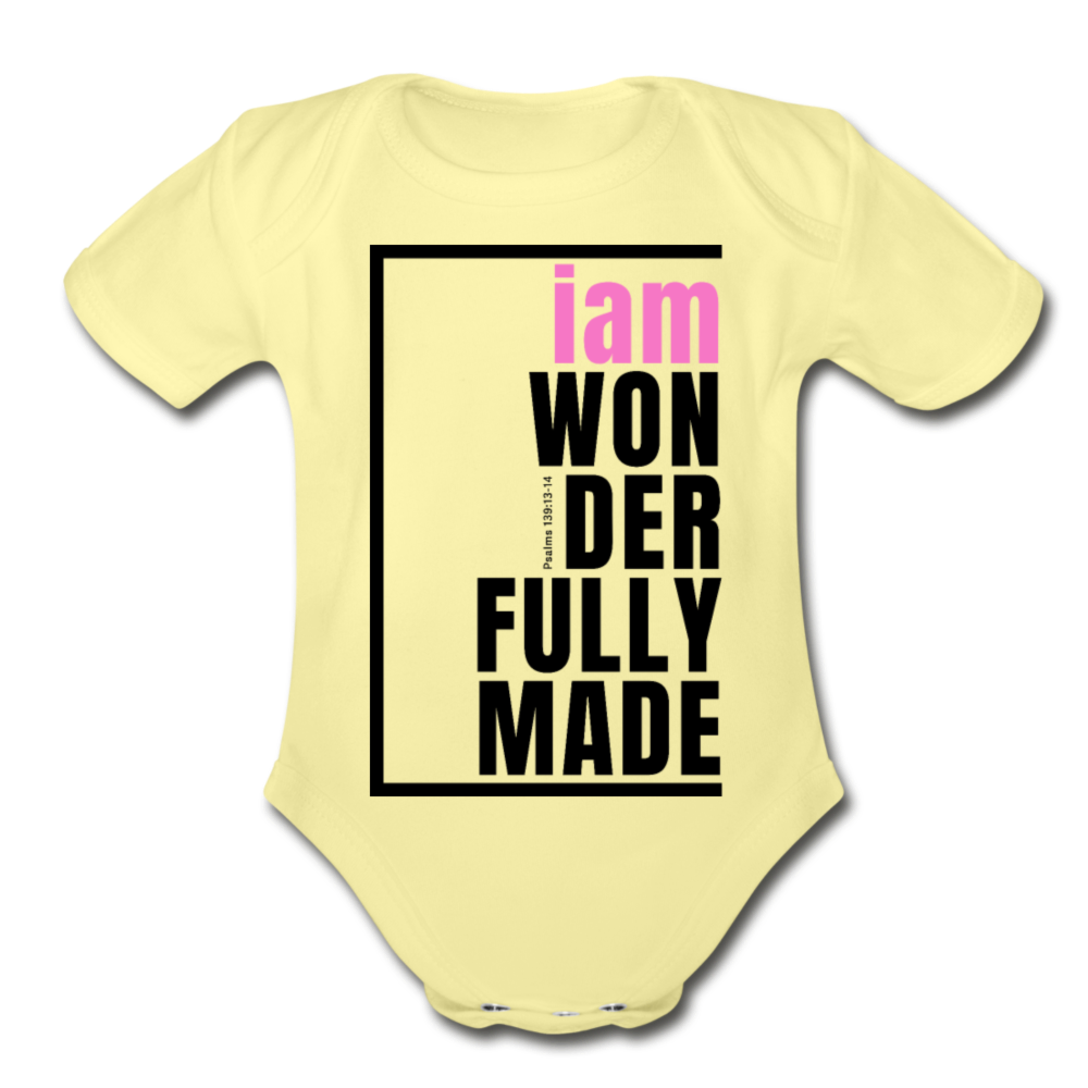 Wonderfully Made, i am Organic Baby Onsie/PBlk - washed yellow