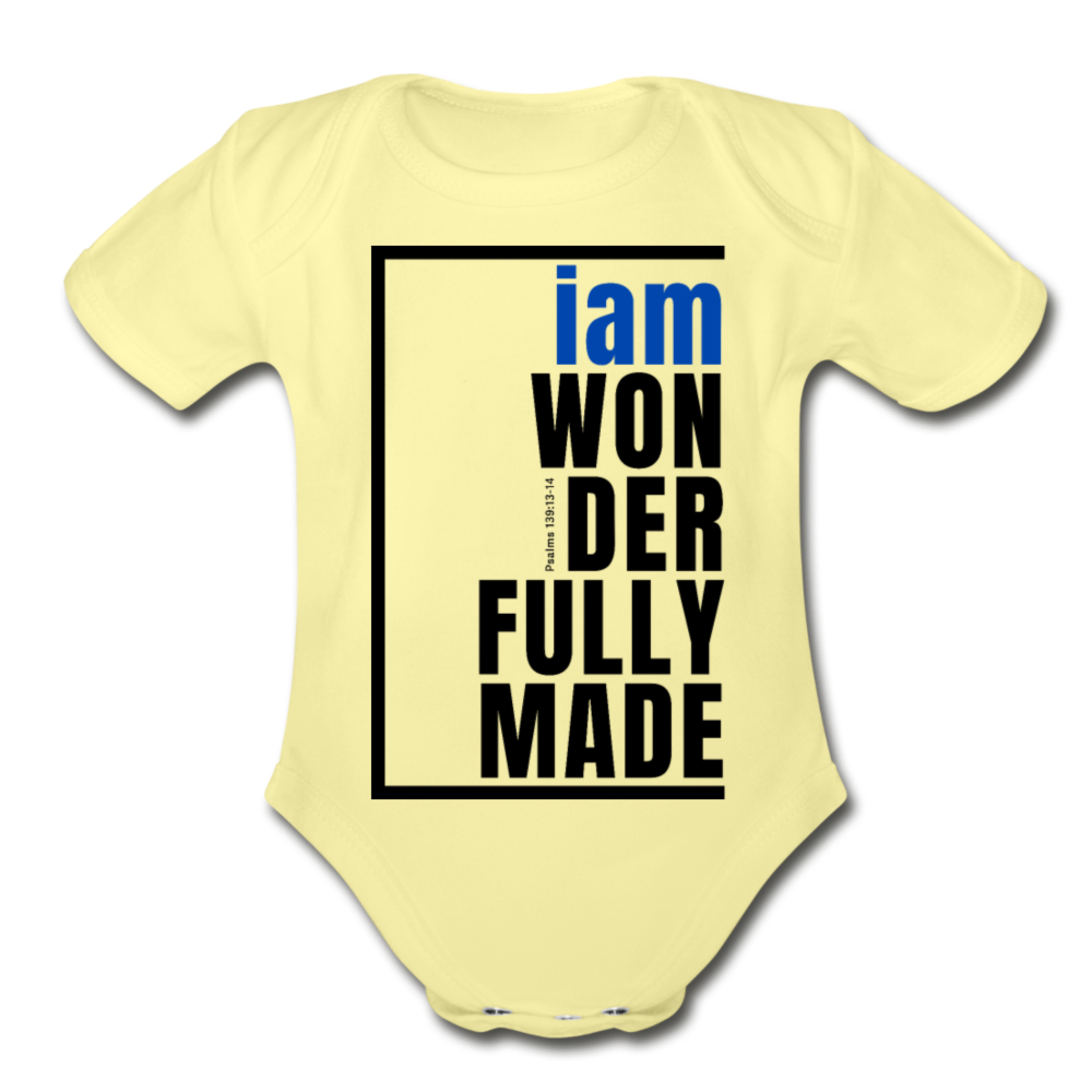 Wonderfully Made, i am Organic Baby Onsie/BluBlk - washed yellow